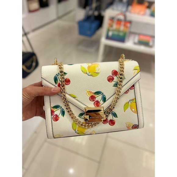 Michael Kors Whitney Medium Sequined Fruit Print Shoulder Bag Purse Optic White - Picture 3 of 11